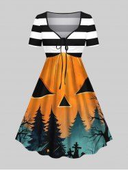 Robe Costume D'Halloween Citrouille Fantôme et Forêt Imprimés Ligne A de Grande Taille - Multi-A 5X
