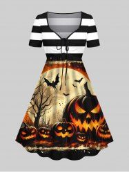 Plus Size Pumpkin Lantern Tree Bat Moon Striped Print Halloween Costume Cinched A Line Dress -  