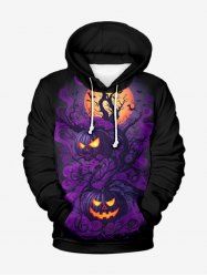 Plus Size Pumpkin Lantern Tree Branch Moon Bat Print Halloween Pocket Drawstring Pullover Hoodie For Men -  