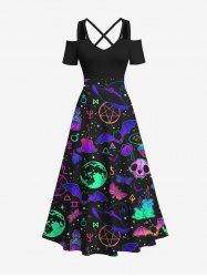 Plus Size Ombre Skull Bat Butterfly Moon Star Galaxy Planet Mushroom Print Halloween Costume Crisscross Maxi Dress -  