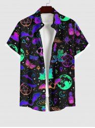 Plus Size Ombre Skull Bat Butterfly Moon Star Galaxy Planet Mushroom Print Halloween Button Pocket Shirt For Men -  