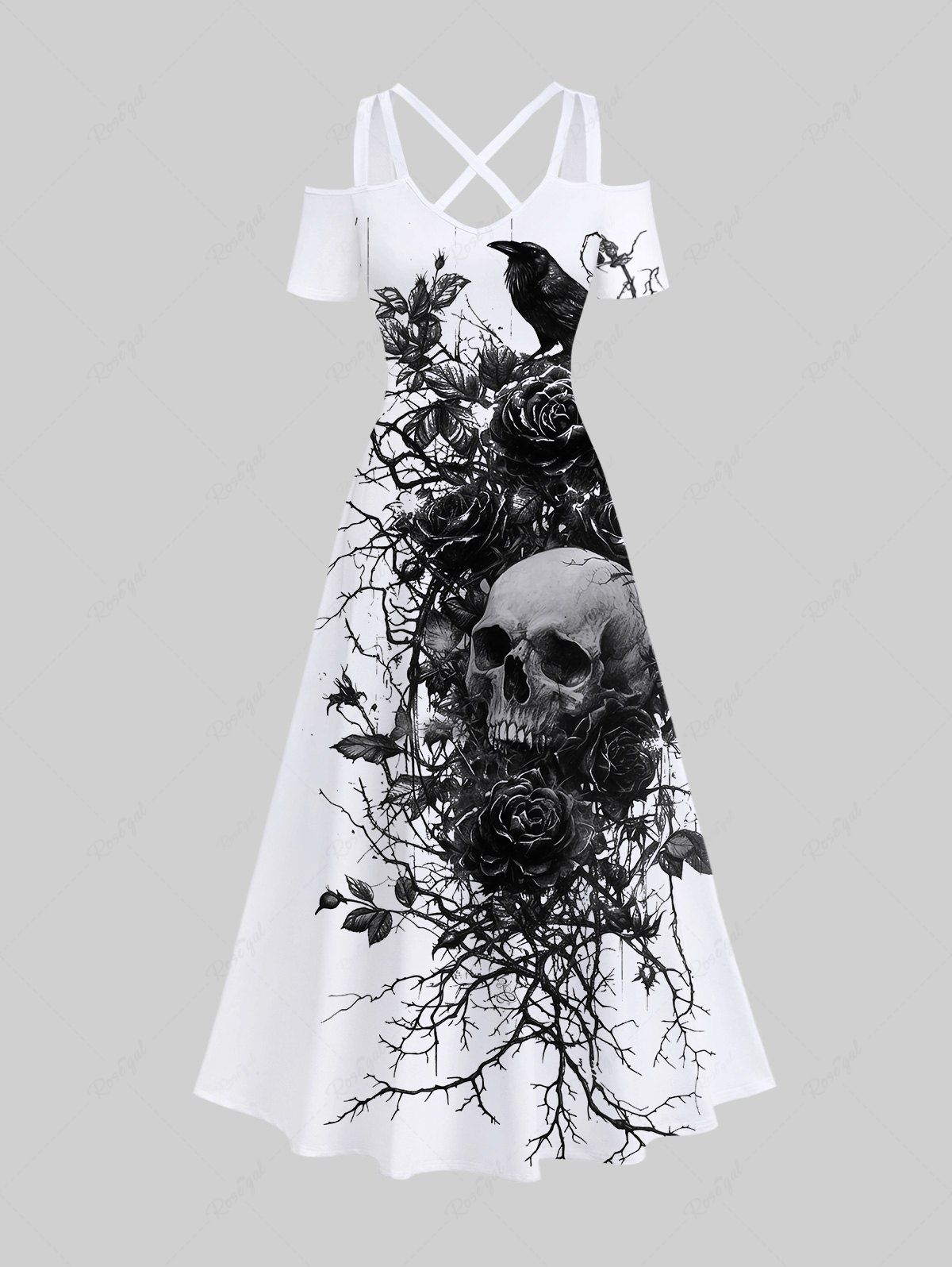 Unique Plus Size Skull Rose Flower Branch Crow Print Halloween Costume Crisscross A Line Maxi Dress  