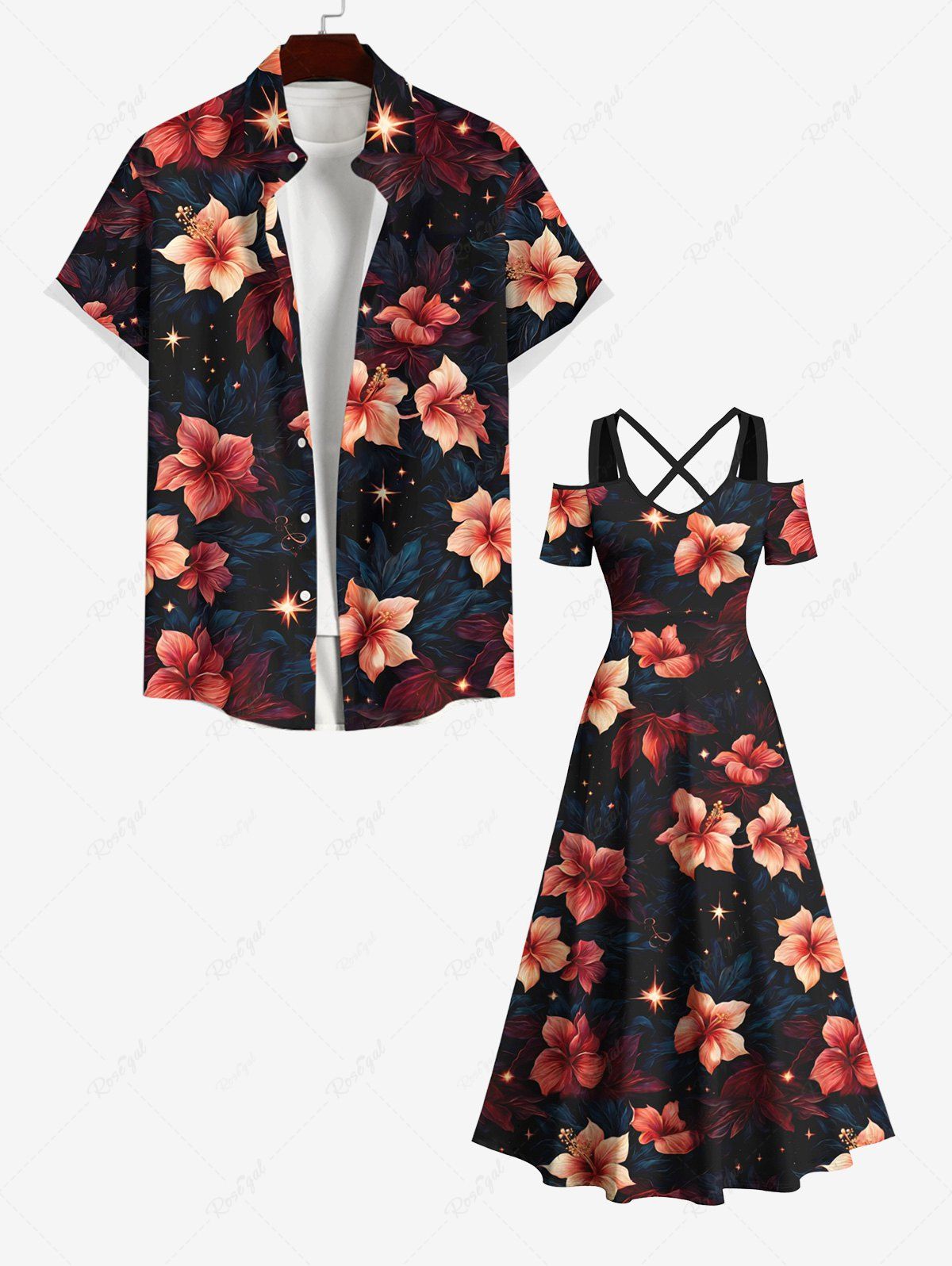 Latest Glitter Stars Ombre Floral Galaxy Print Plus Size Matching Hawaii Beach Outfit For Couples  