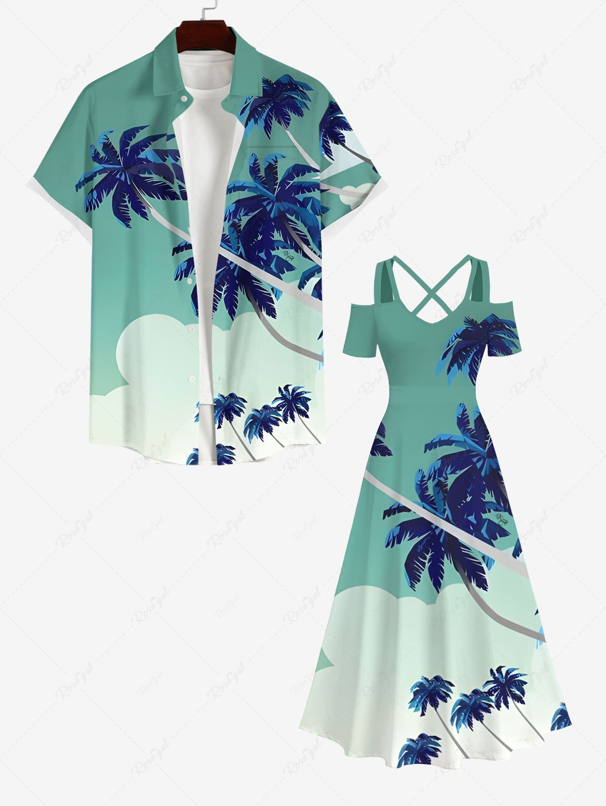 Tenue de Plage Grande Taille Mignon Contrastant Imprimé Cocotier pour Couples Vert 