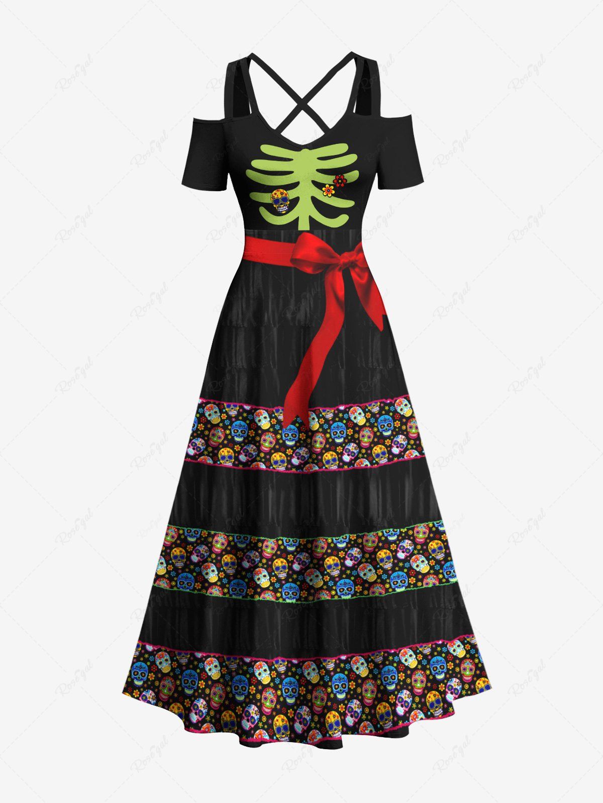 Maxi Robe D'Halloween 3D Fleur Squelette avec Nœud Papillon à Epaule Dénudée Grande Taille Noir 1X