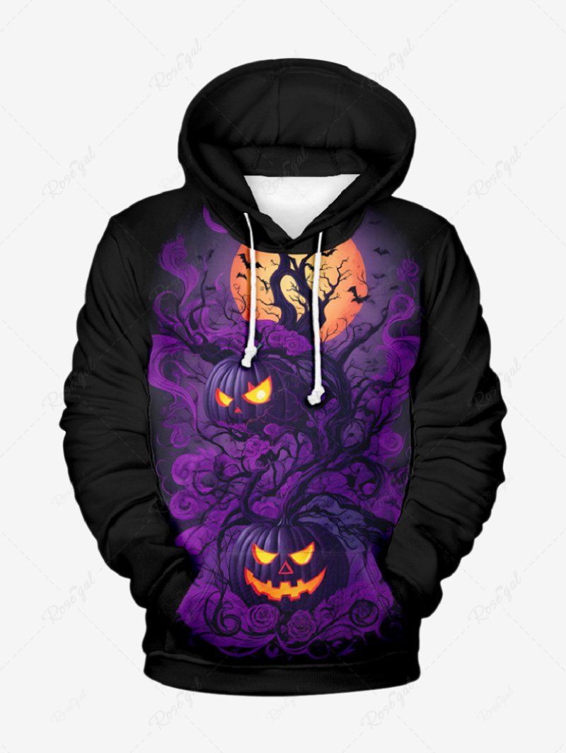 Latest Plus Size Pumpkin Lantern Tree Branch Moon Bat Print Halloween Pocket Drawstring Pullover Hoodie For Men  