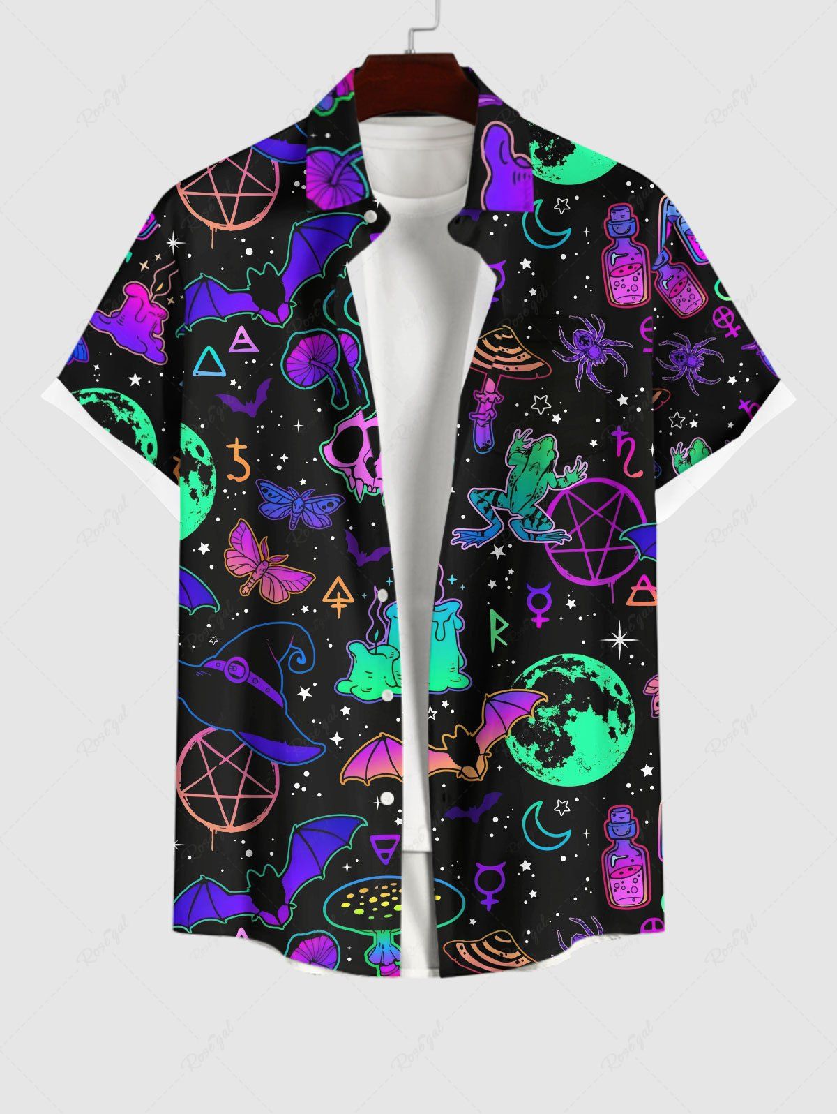 Fashion Plus Size Ombre Skull Bat Butterfly Moon Star Galaxy Planet Mushroom Print Halloween Button Pocket Shirt For Men  