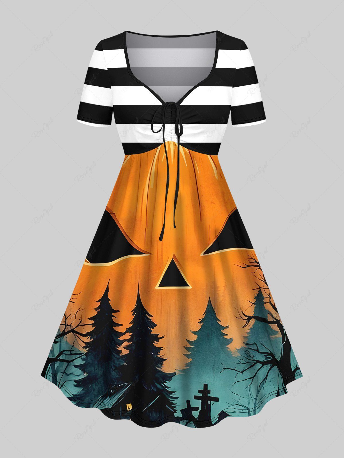 Robe Costume D'Halloween Citrouille Fantôme et Forêt Imprimés Ligne A de Grande Taille Multi-A 4X