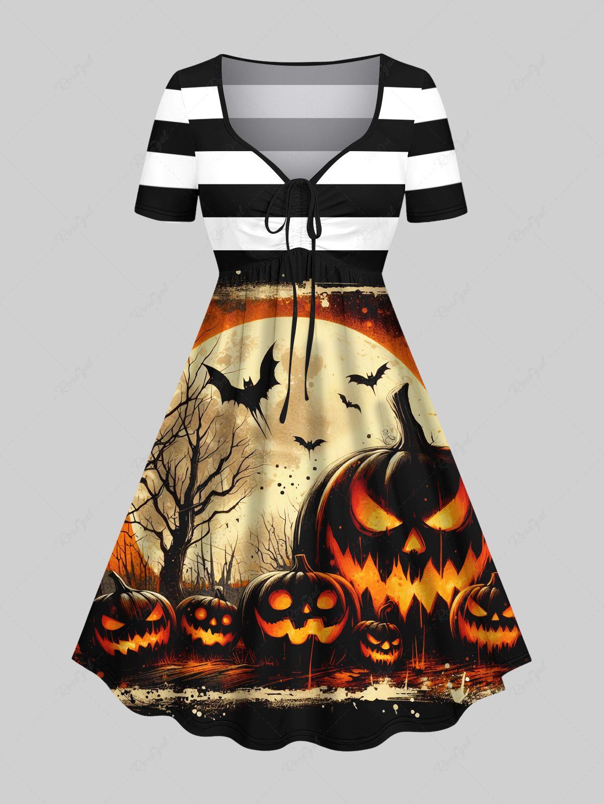 Buy Plus Size Pumpkin Lantern Tree Bat Moon Striped Print Halloween Costume Cinched A Line Dress  
