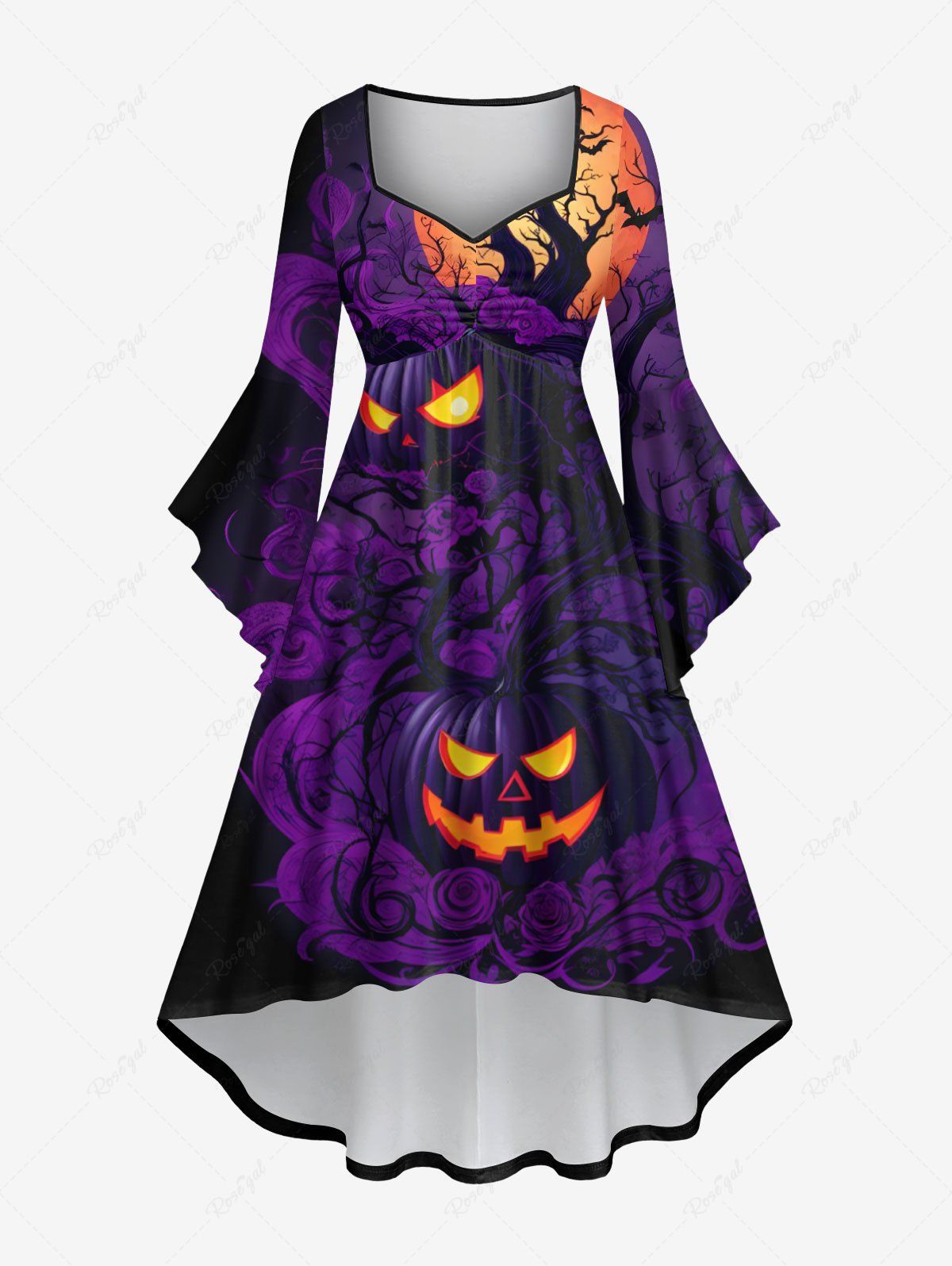 Sale Plus Size Pumpkin Lantern Tree Branch Moon Bat Print Halloween Costume Ruched High Low Asymmetric Dress  