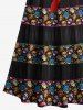 Plus Size Halloween Costume Skeleton Colorful Skulls Flowers Ribbon Bowknot 3D Print Cold Shoulder Crisscross Maxi Dress -  