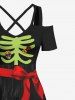Maxi Robe D'Halloween 3D Fleur Squelette avec Nœud Papillon à Epaule Dénudée Grande Taille - Noir 4X