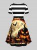 Plus Size Pumpkin Lantern Tree Bat Moon Striped Print Halloween Costume Cinched A Line Dress -  