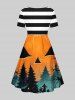 Robe Costume D'Halloween Citrouille Fantôme et Forêt Imprimés Ligne A de Grande Taille - Multi-A 4X