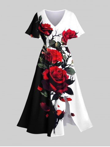 Plus Size Rose Flowers Contrast Colorblock Print Split Hawaii Midi Dress - MULTI-A - 3X