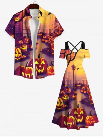 Halloween Costume Pumpkin Latern Bat Tree Street Light Print Plus Size Matching Outfit For Couples - ORANGE