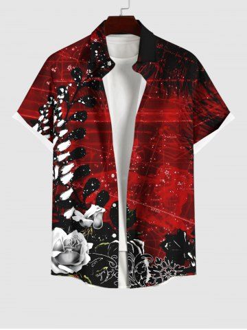 Plus Size Ombre Rose Flower Leaf Print Halloween Button Pocket Shirt For Men - RED - S