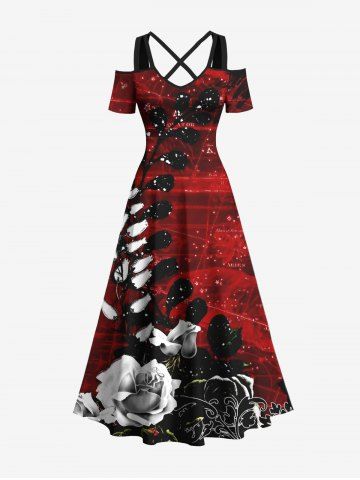 Plus Size Ombre Rose Flower Leaf Print Halloween Costume Crisscross A Line Maxi Dress - RED - 6X