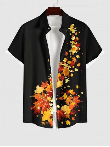 Plus Size Colorful Maple Leaves Print Hawaii Button Pocket Shirt For Men - BLACK - XL