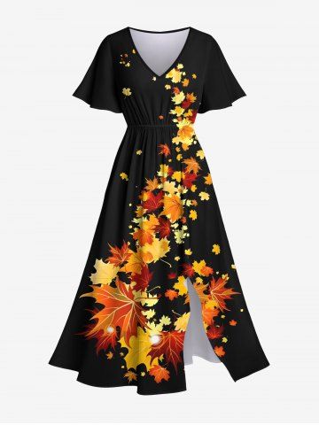 Robe Mi-Longue Portable Fendu Feuille D'Erable Colorée Imprimée de Grande Taille avec Poche - BLACK - 6X