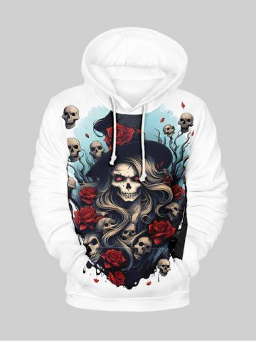 Plus Size Skull Wizard Rose Flower Tree Print Halloween Pocket Drawstring Pullover Long Sleeves Hoodie For Men - WHITE - M