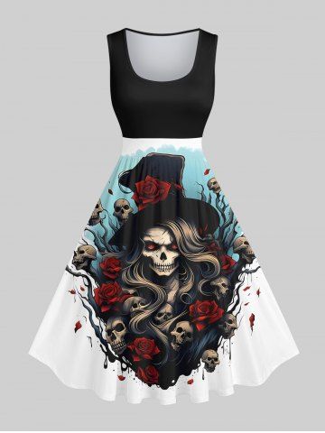 Plus Size Skull Wizard Rose Flower Tree Print Halloween Costume Vintage Swing A Line Dress - BLACK - 1X