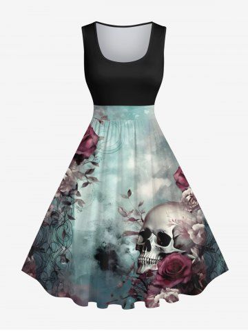 Plus Size Distressed Rose Flower Skull Tie Dye Ombre Print Halloween Costume Vintage Swing A Line Dress - BLACK - 6X