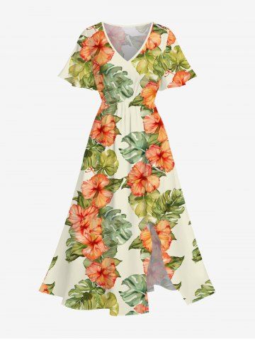 Plus Size Floral Tropical Leaves Print Hawaii Split Pocket A Line Midi Dress - MULTI-A - XS