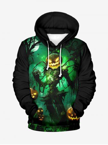 Plus Size Halloween Costume Pumpkin Latern Skeleton Wizard Print Pocket Drawstring Hoodie - BLACK - 6XL