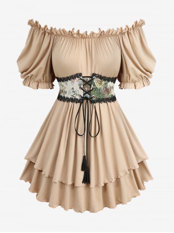 Plus Size Ruffles Ruched Layered Floral Printed Lace-up Grommets Lace Trim Belted Off The Shoulder Top - LIGHT COFFEE - M | US 10