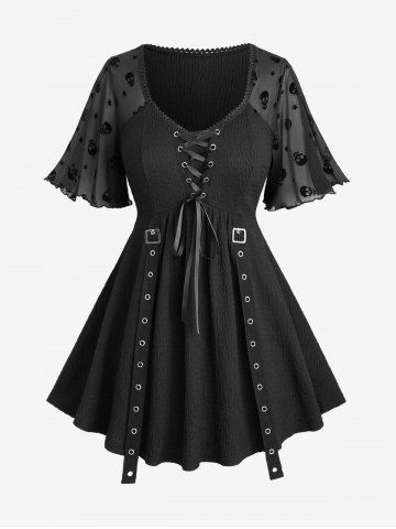 Plus Size Skulls Stars Mesh Flocking Sleeves Lace Up Grommet Buckle Straps Crinkle Top - BLACK - 3X | US 22-24