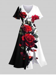 Plus Size Rose Flowers Contrast Colorblock Print Split Hawaii Midi Dress -  