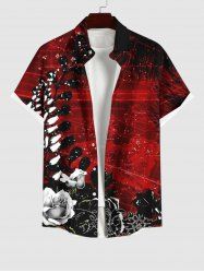 Plus Size Ombre Rose Flower Leaf Print Halloween Button Pocket Shirt For Men -  