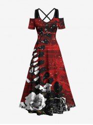 Plus Size Ombre Rose Flower Leaf Print Halloween Costume Crisscross A Line Maxi Dress -  