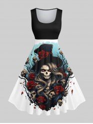 Plus Size Skull Wizard Rose Flower Tree Print Halloween Costume Vintage Swing A Line Dress -  