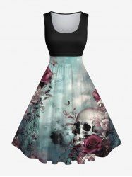 Plus Size Distressed Rose Flower Skull Tie Dye Ombre Print Halloween Costume Vintage Swing A Line Dress -  