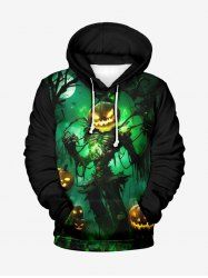 Plus Size Halloween Costume Pumpkin Latern Skeleton Wizard Print Pocket Drawstring Hoodie -  