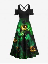 Plus Size Halloween Costume Pumpkin Latern Skeleton Wizard Print Cold Shoulder Crisscross Dress -  