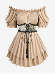 Plus Size Ruffles Ruched Layered Floral Printed Lace-up Grommets Lace Trim Belted Off The Shoulder Top -  