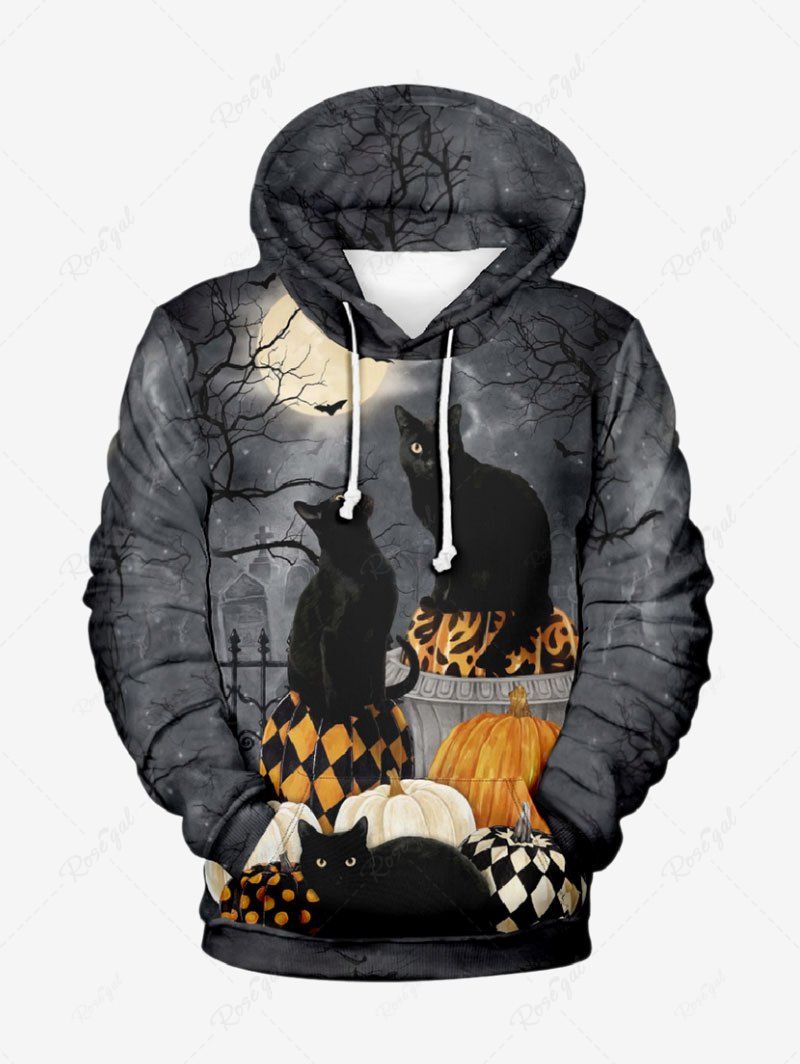 Sweat à Capuche D'Halloween Chauve-souris Citrouille et Chat Imprimés Grande Taille avec Poche à Cordon Multi-A 8XL