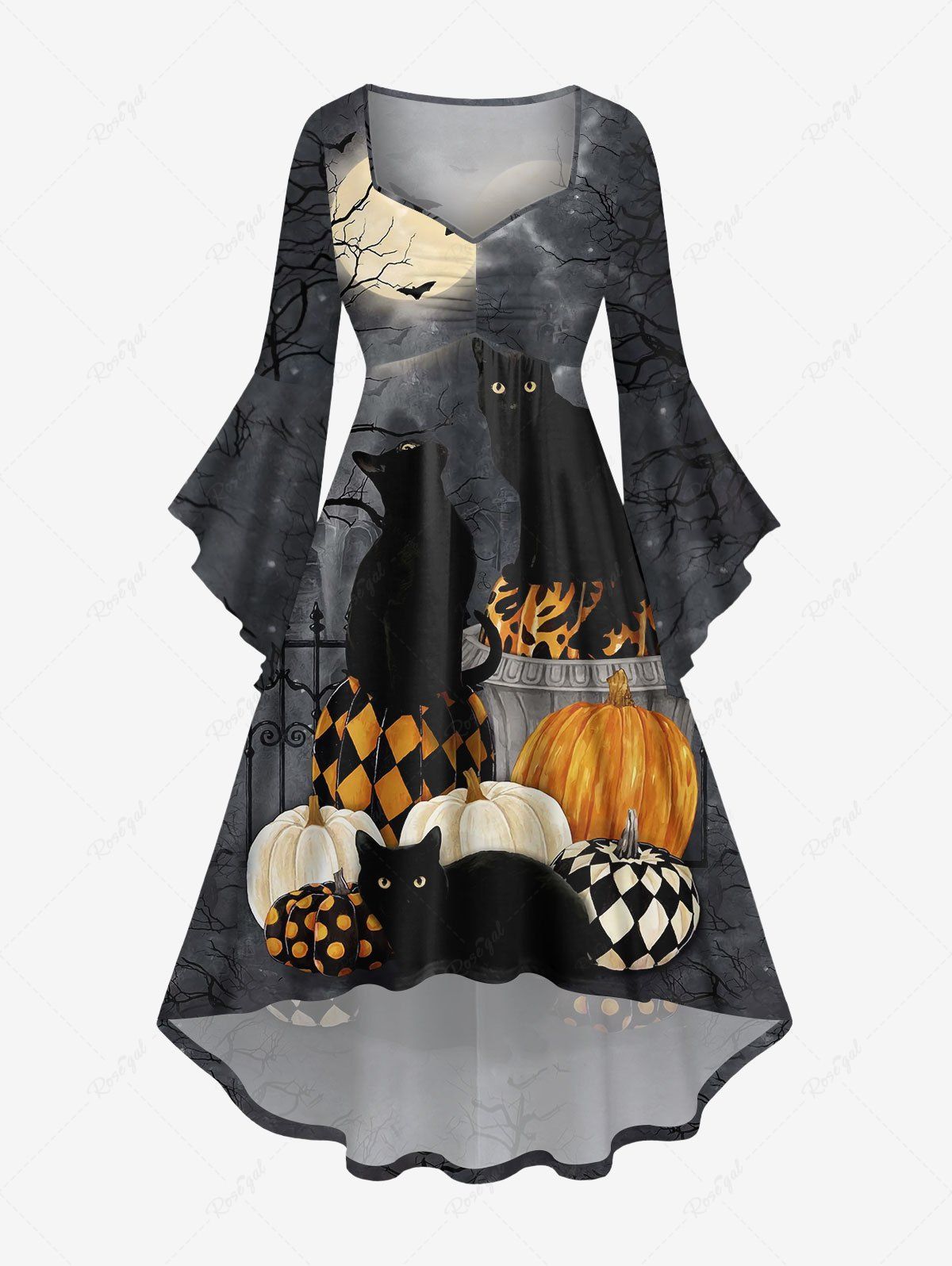 Affordable Plus Size Plaid Pumpkin Cat Tree Branch Moon Bat Print Halloween Costume High Low Asymmetric Ruched Dress  