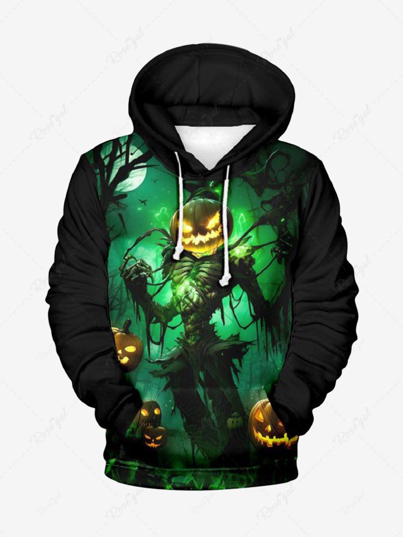 Chic Plus Size Halloween Costume Pumpkin Latern Skeleton Wizard Print Pocket Drawstring Hoodie  