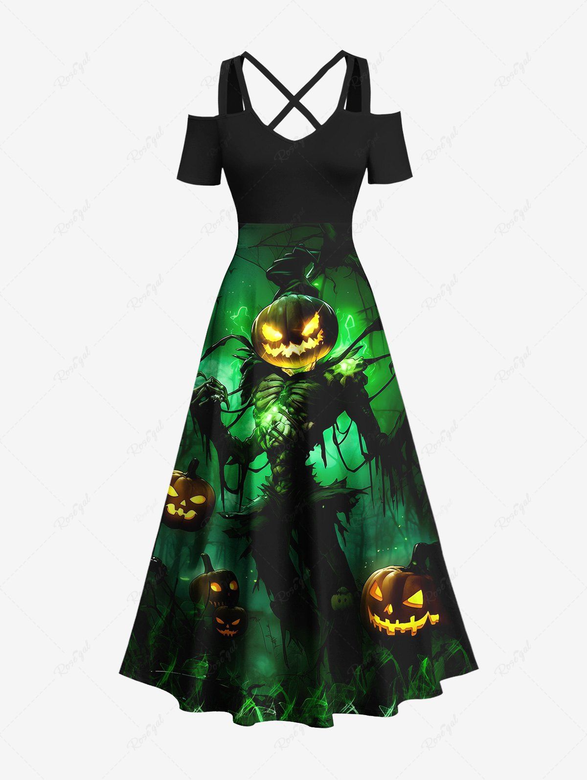 Fashion Plus Size Halloween Costume Pumpkin Latern Skeleton Wizard Print Cold Shoulder Crisscross Dress  
