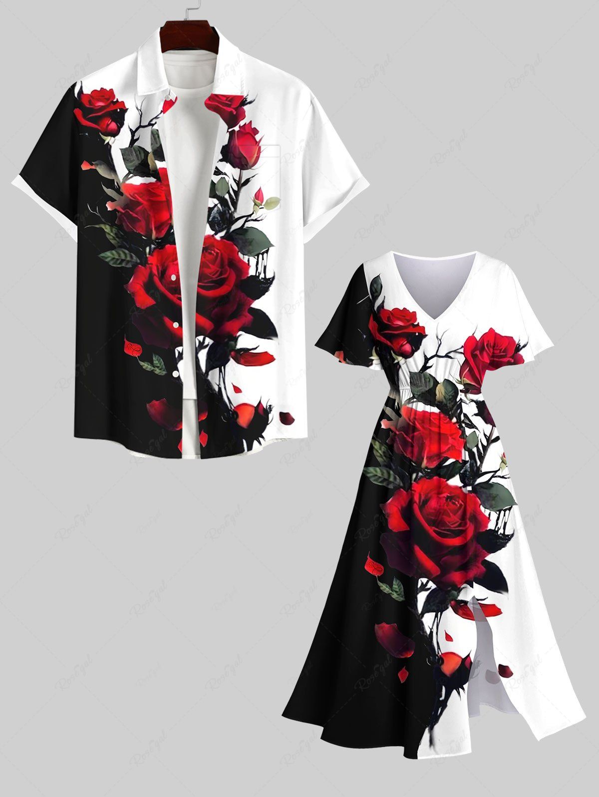 Fashion Rose Flowers Contrast Colorblock Print Plus Size Matching Hawaii Beach Outfit For Couples  