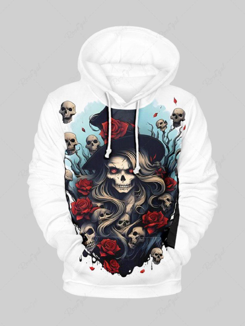 Chic Plus Size Skull Wizard Rose Flower Tree Print Halloween Pocket Drawstring Pullover Long Sleeves Hoodie For Men  