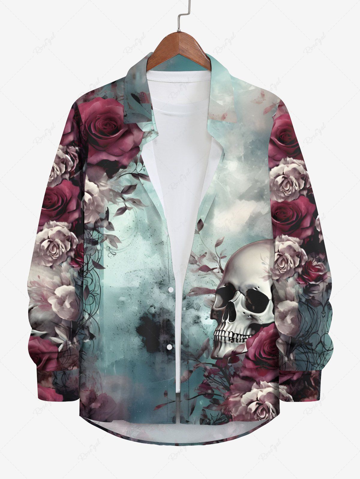 Chemise D'Halloween Boutonnée Déchiré Rose et Crâne Imprimés de Grande Taille à Manches Longues Multi-A 8XL