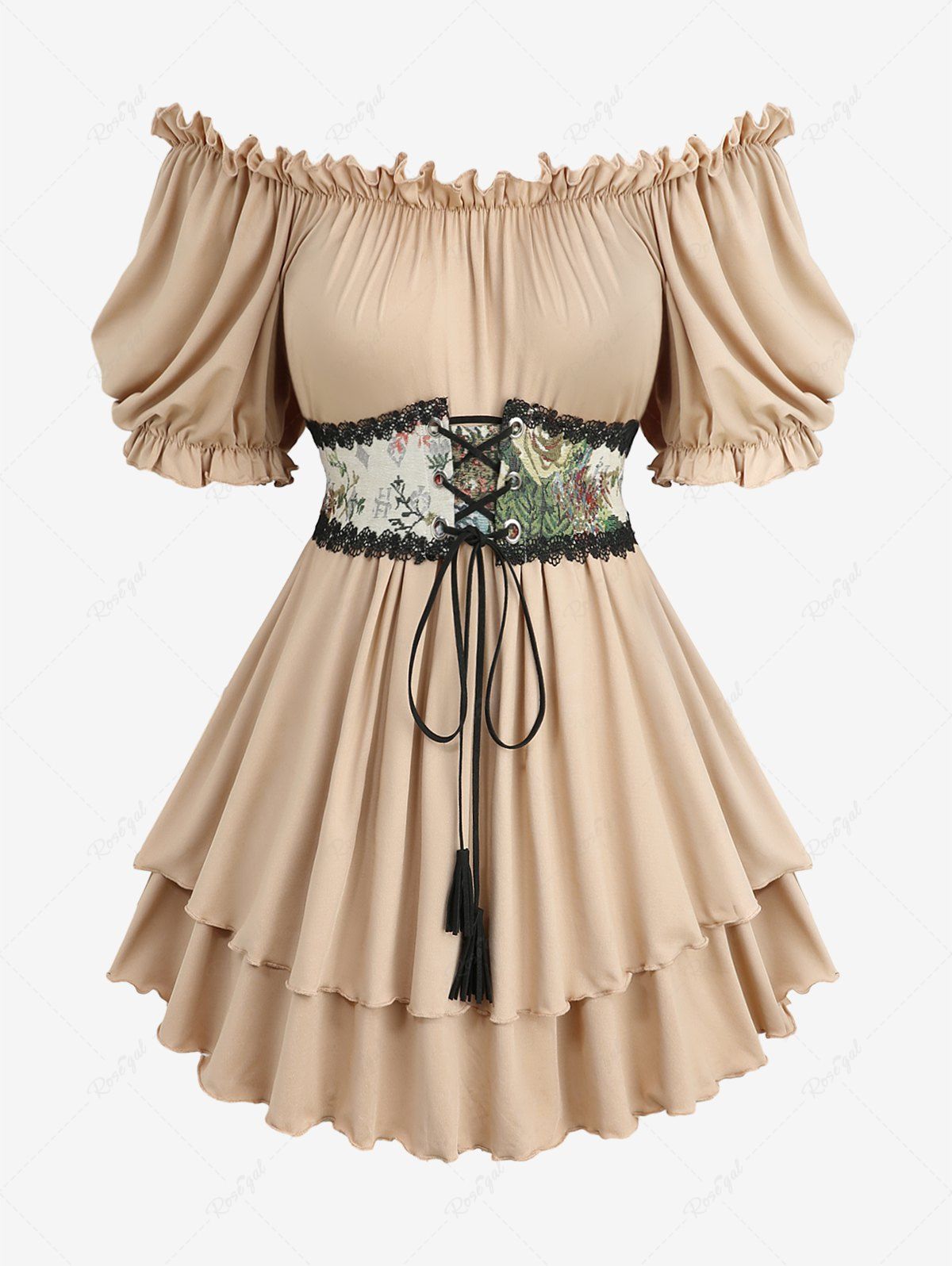 Shop Plus Size Ruffles Ruched Layered Floral Printed Lace-up Grommets Lace Trim Belted Off The Shoulder Top  