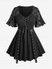 Plus Size Skulls Stars Mesh Flocking Sleeves Lace Up Grommet Buckle Straps Crinkle Top -  