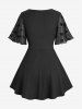 Plus Size Skulls Stars Mesh Flocking Sleeves Lace Up Grommet Buckle Straps Crinkle Top -  
