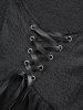 Plus Size Skulls Stars Mesh Flocking Sleeves Lace Up Grommet Buckle Straps Crinkle Top -  